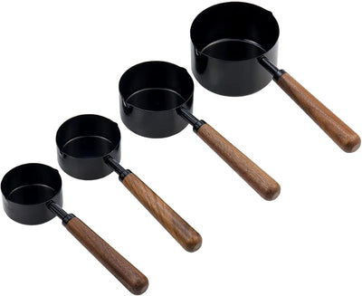 Set 4 Tazas y Cucharas Medidoras Negro Mango Madera Acero Inox