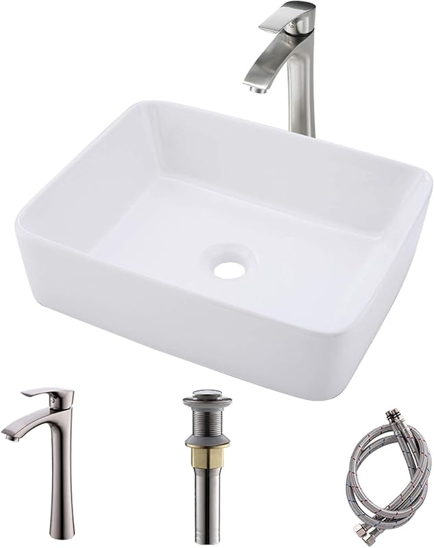 Fregadero blanco baño 16x12 con grifo y drenaje