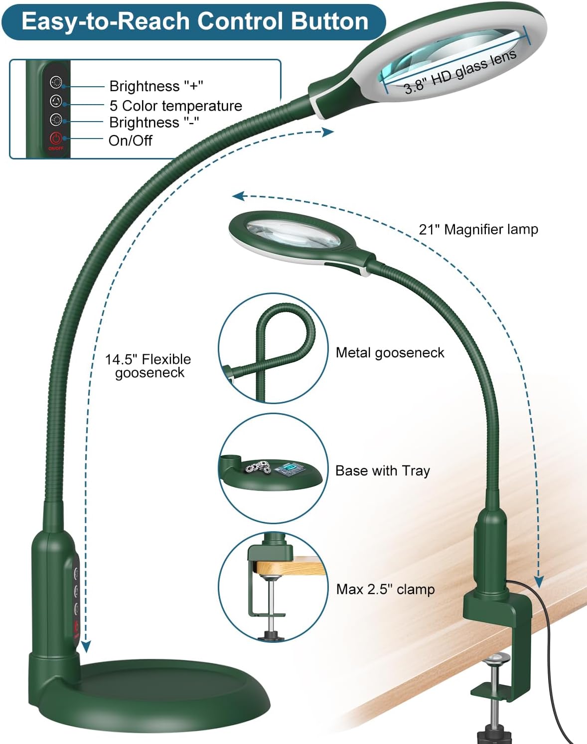 Lupa 10x con luz LED 5 modos brillo ajustable soporte