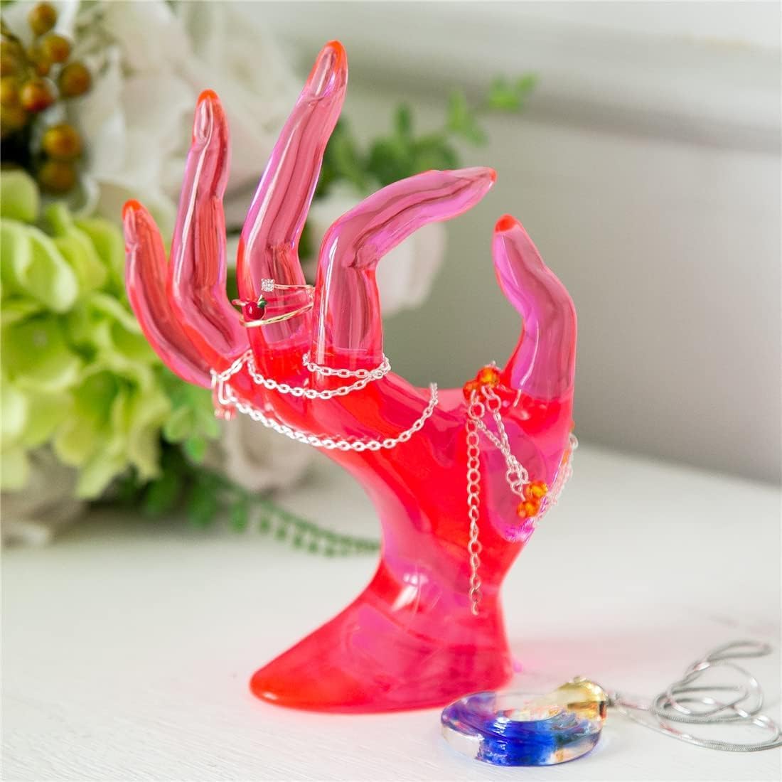 Soporte anillo forma mano estante joyas Y2K rojo