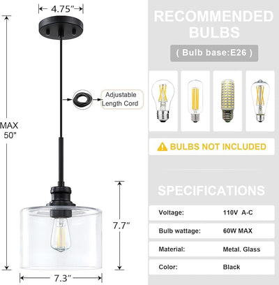 2 Lámparas colgantes techo 7.3pulg vidrio transparente negro
