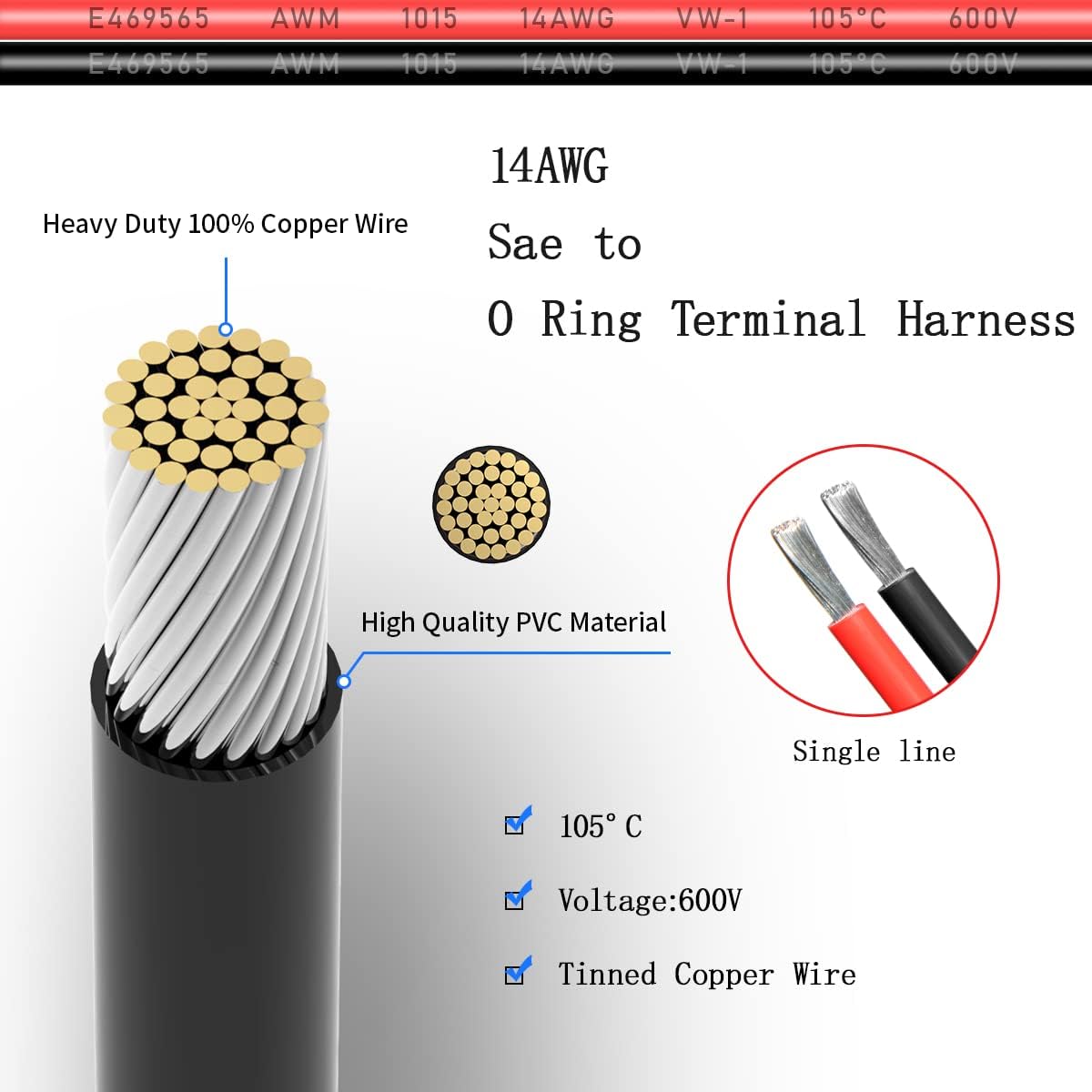 Arnés terminal anillo SAE 14 AWG 10 pies conector batería 2 pines