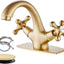 Grifo lavabo un solo agujero pomos cruzados placa latón