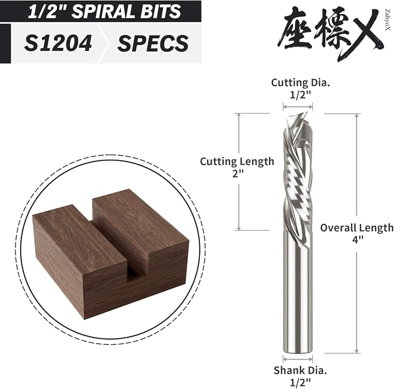 Broca enrutador CNC espiral compresión 1/2" 2" corte 4"