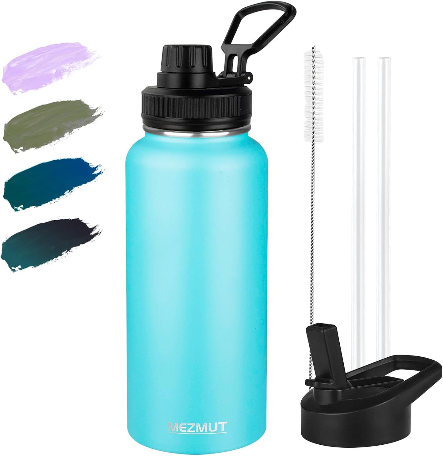 Botella agua acero inox 32oz popote 2 tapas doble pared azul