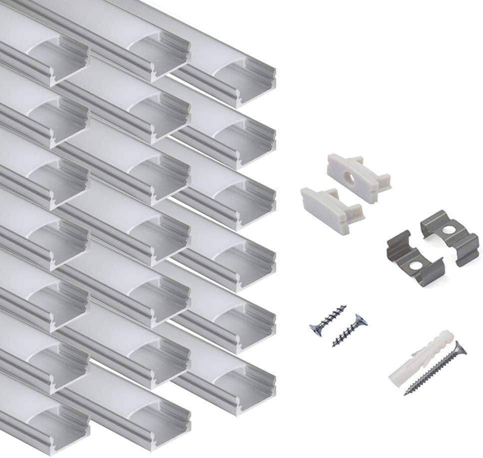Perfil aluminio LED forma U 6.6ft con cubierta lechosa