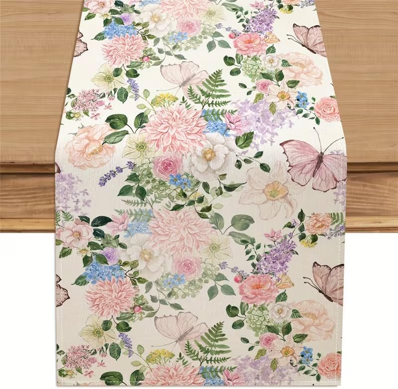 Camino Mesa Primavera Mariposas Flores Rosas 13x72pulg