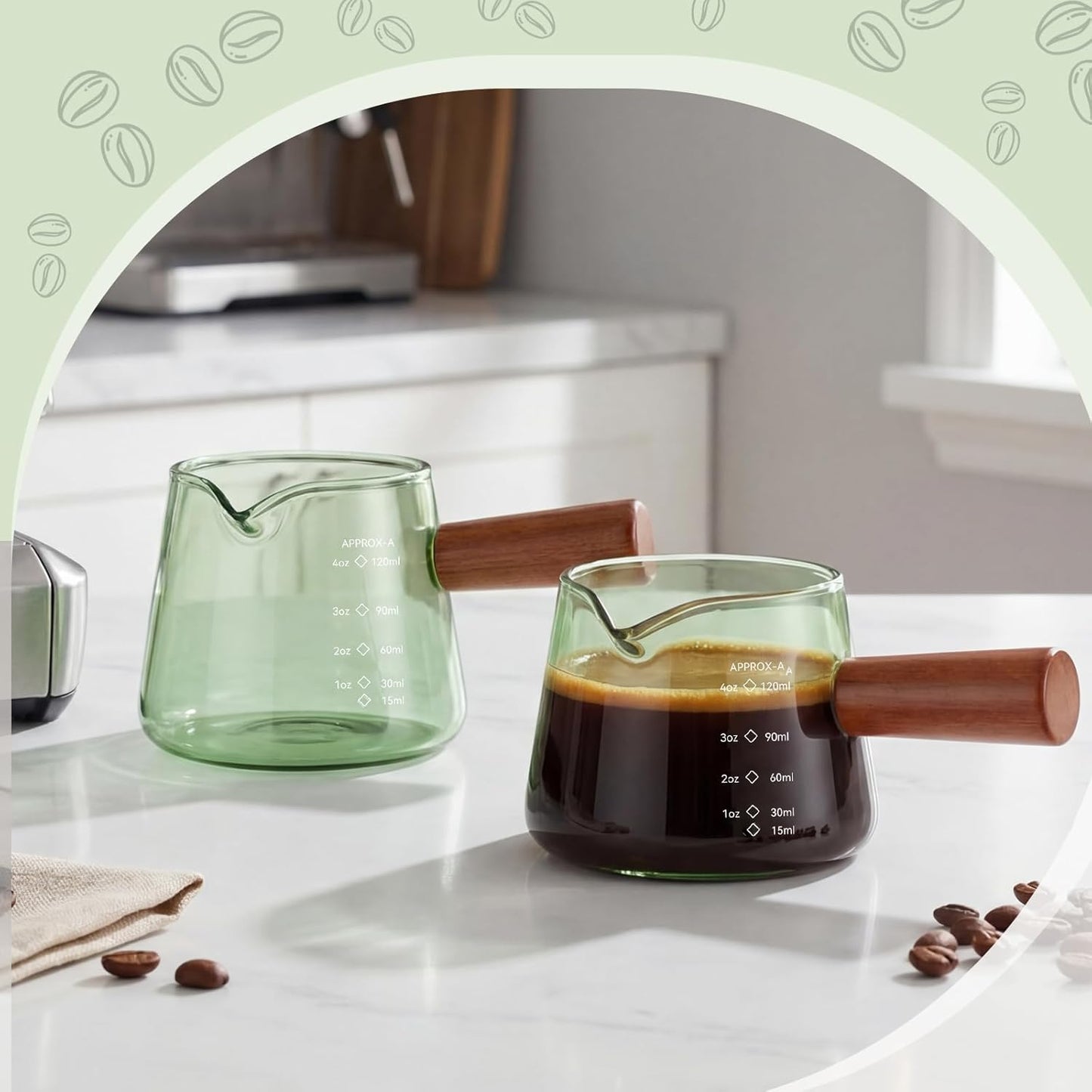 2 Tazas Espresso Vidrio con Boquilla V Asa Jarra Espuma Leche