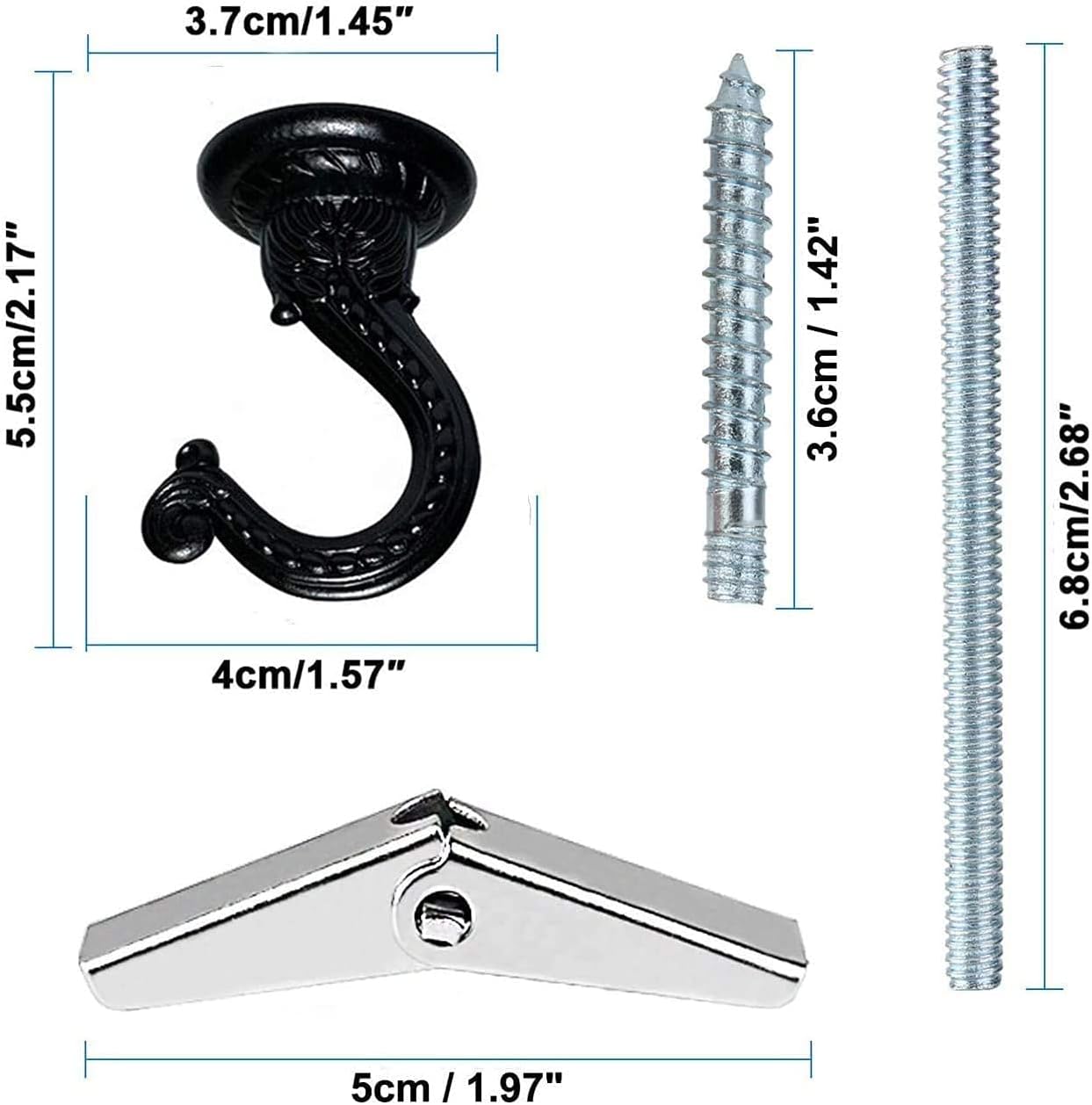2 Set Ganchos Techo Metal 2.17" Resistentes Negro