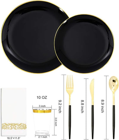 Juego vajilla plástico negro 350 pzas cubiertos fiesta