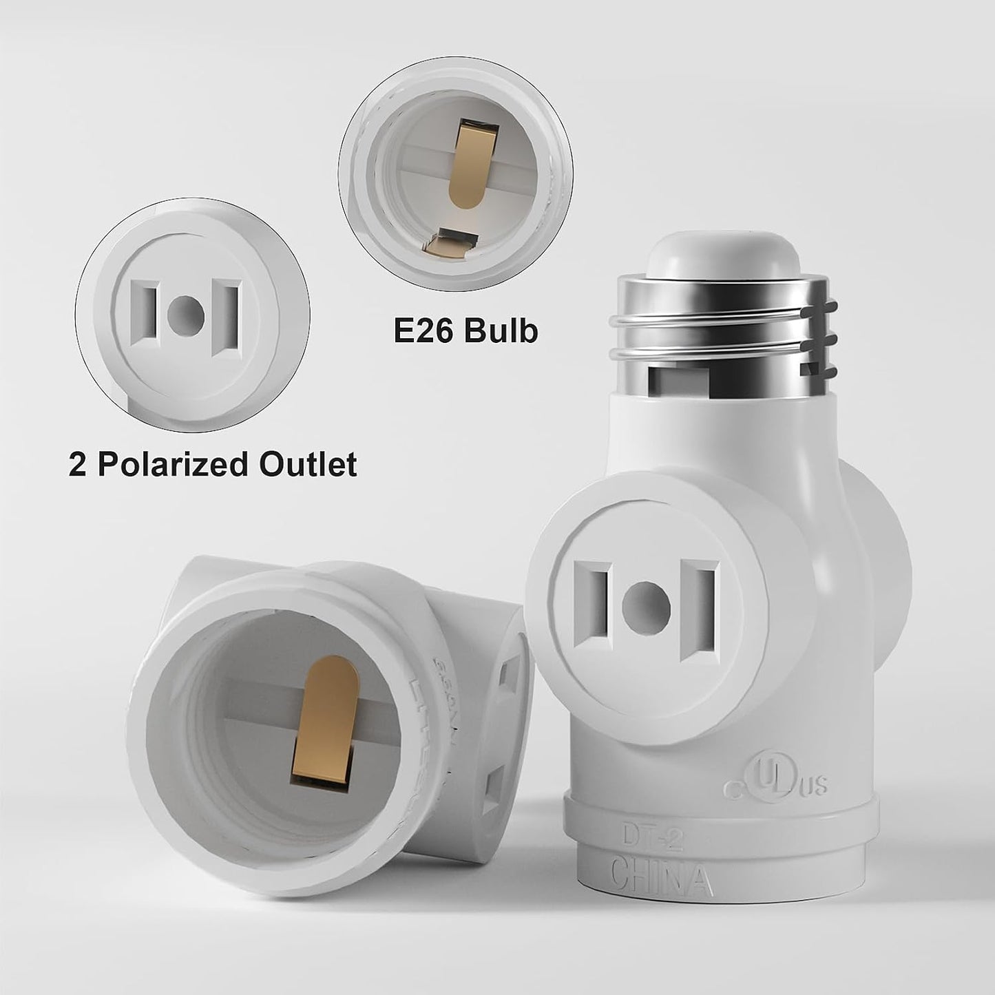 Adaptador enchufe luz 2 tomacorrientes E26 ETL blanco set 3