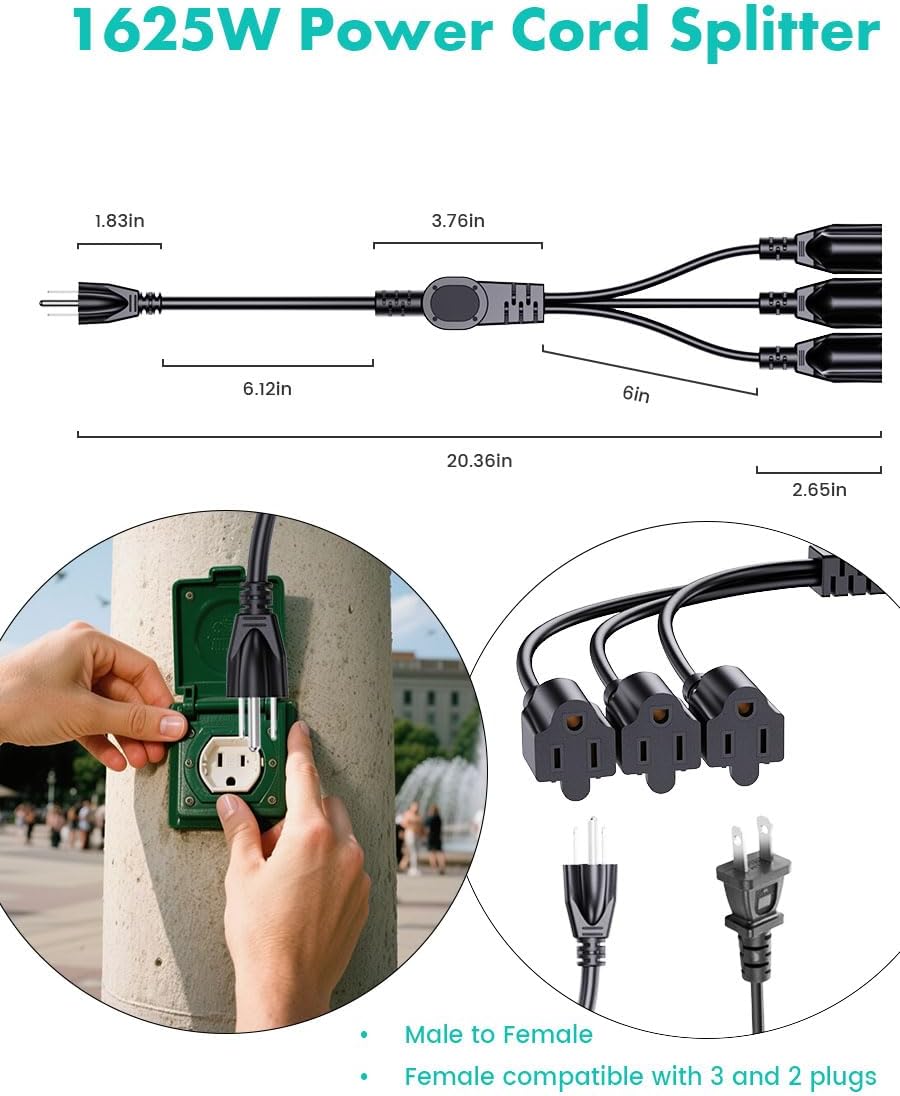 Divisor corriente 3 enchufes 1625W uso interior exterior