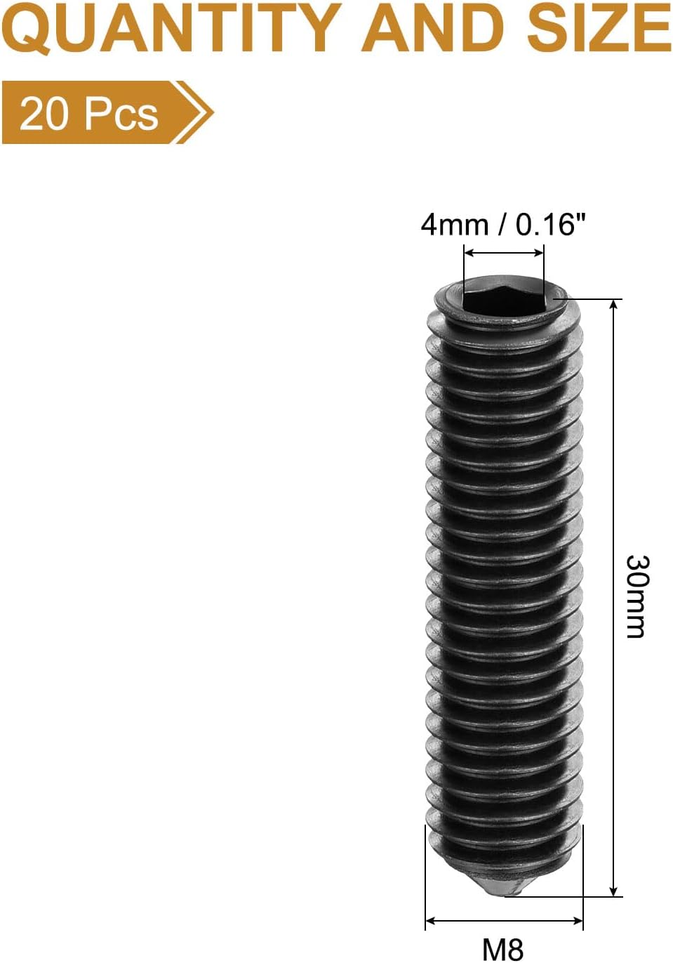 Set 20 tornillos M8x30mm acero carbono punta cónica negro