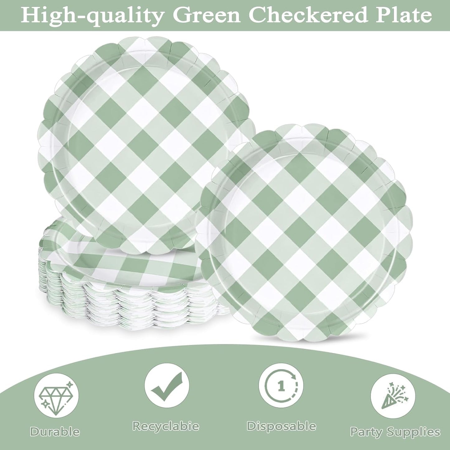 48 Pzas Platos Papel Gingham Verde Claro Mesa Postre