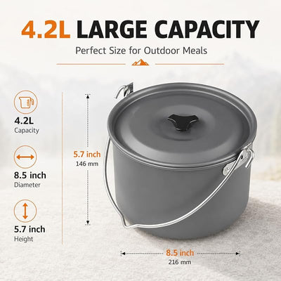 Olla camping aluminio 4.2L para 4-6 personas con tapa