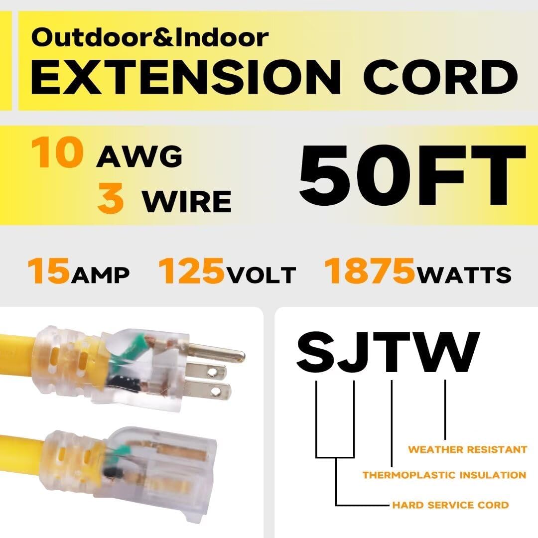 Cable extensión iluminado 50ft amarillo SJTW 10/3 con