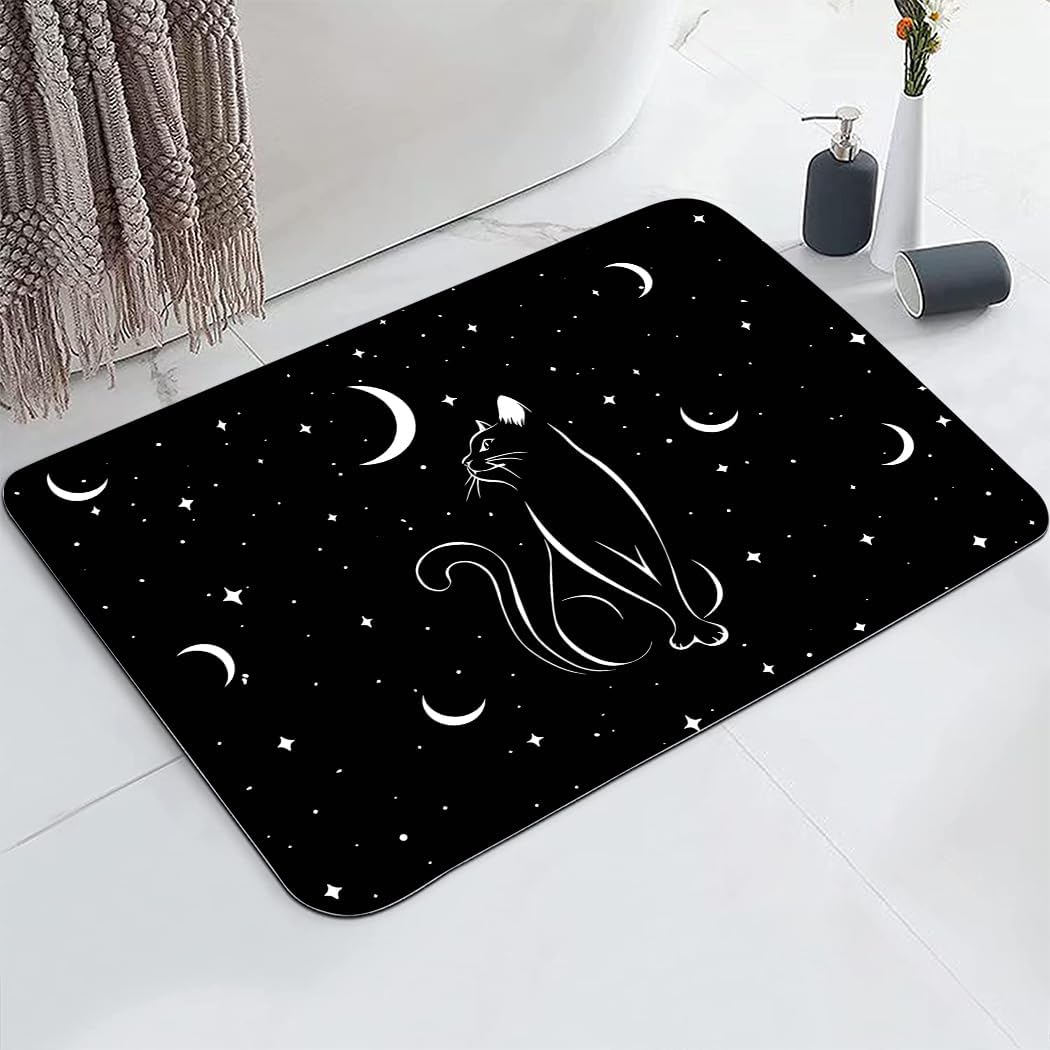 Tapete baño gato negro estrellado antideslizante 16x24pulg