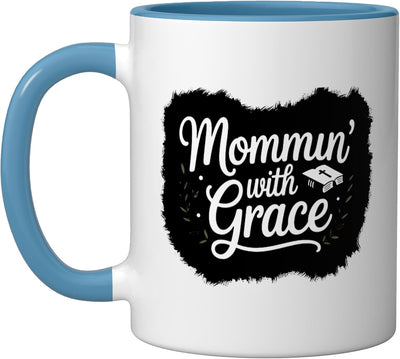Taza cerámica para mamá con gracia, fe, familia y amor cristiano azul/blanco