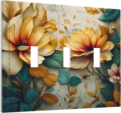 Placa interruptor 3 gang decorativa con flores doradas