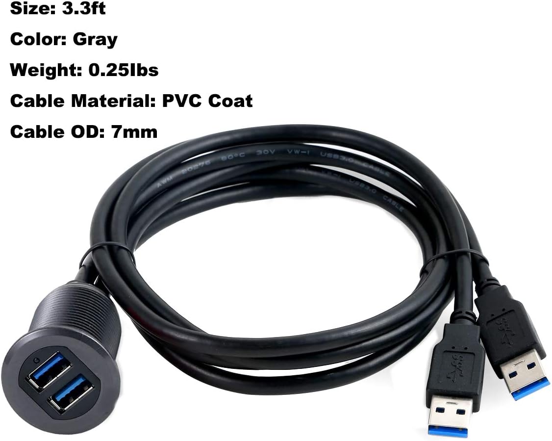Cable USB 3.0 doble puerto coche 3.3pies