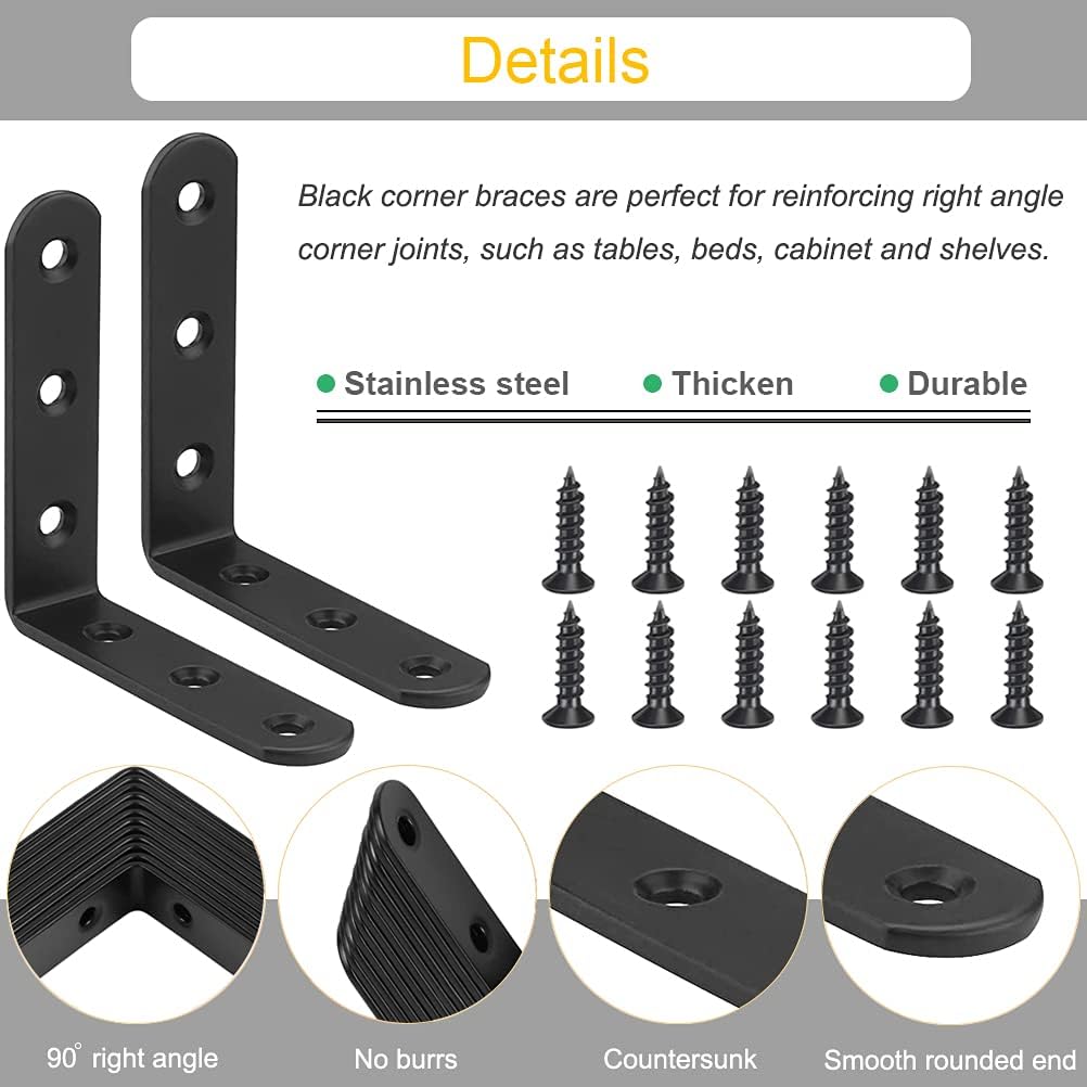 10 Abrazaderas Esquina L Negro 4pulg Acero Inox Soporte Estante