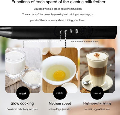 Espumador de leche eléctrico recargable con batidor de acero inoxidable, negro