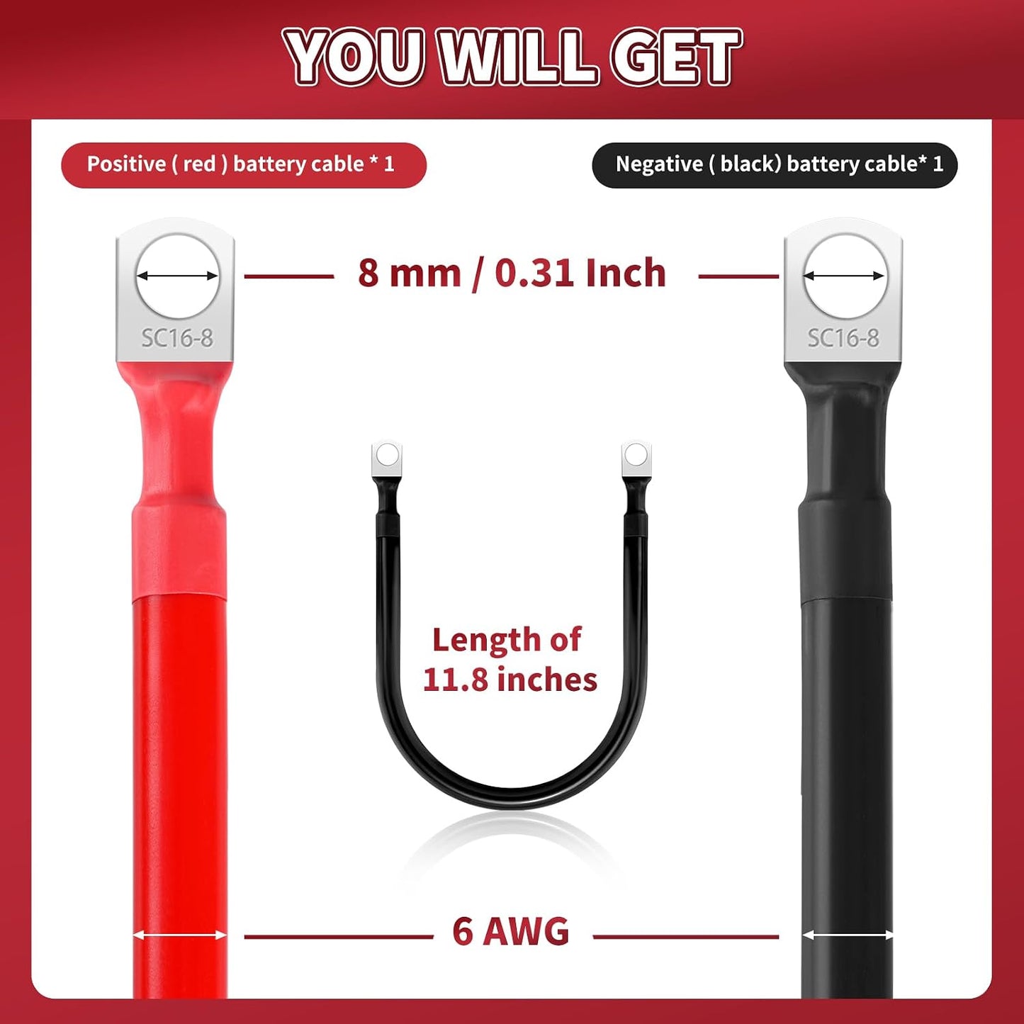 Cable batería 6 AWG 11.8pulg M8 cobre motocicleta