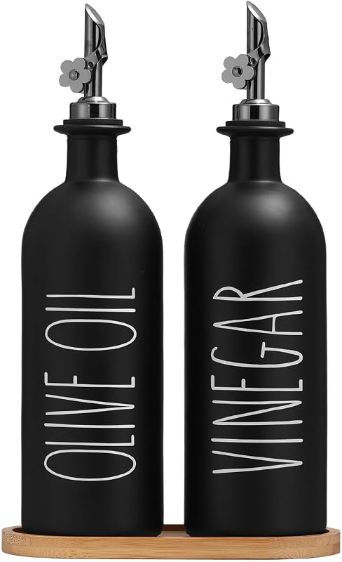 Dispensador aceite y vinagre vidrio negro 16oz con bandeja bambú