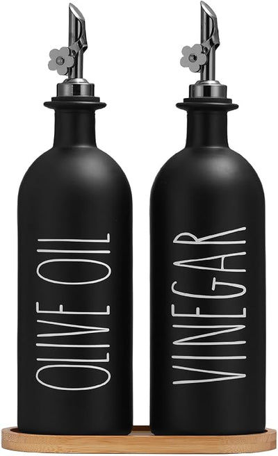 Dispensador aceite y vinagre vidrio negro 16oz con bandeja bambú