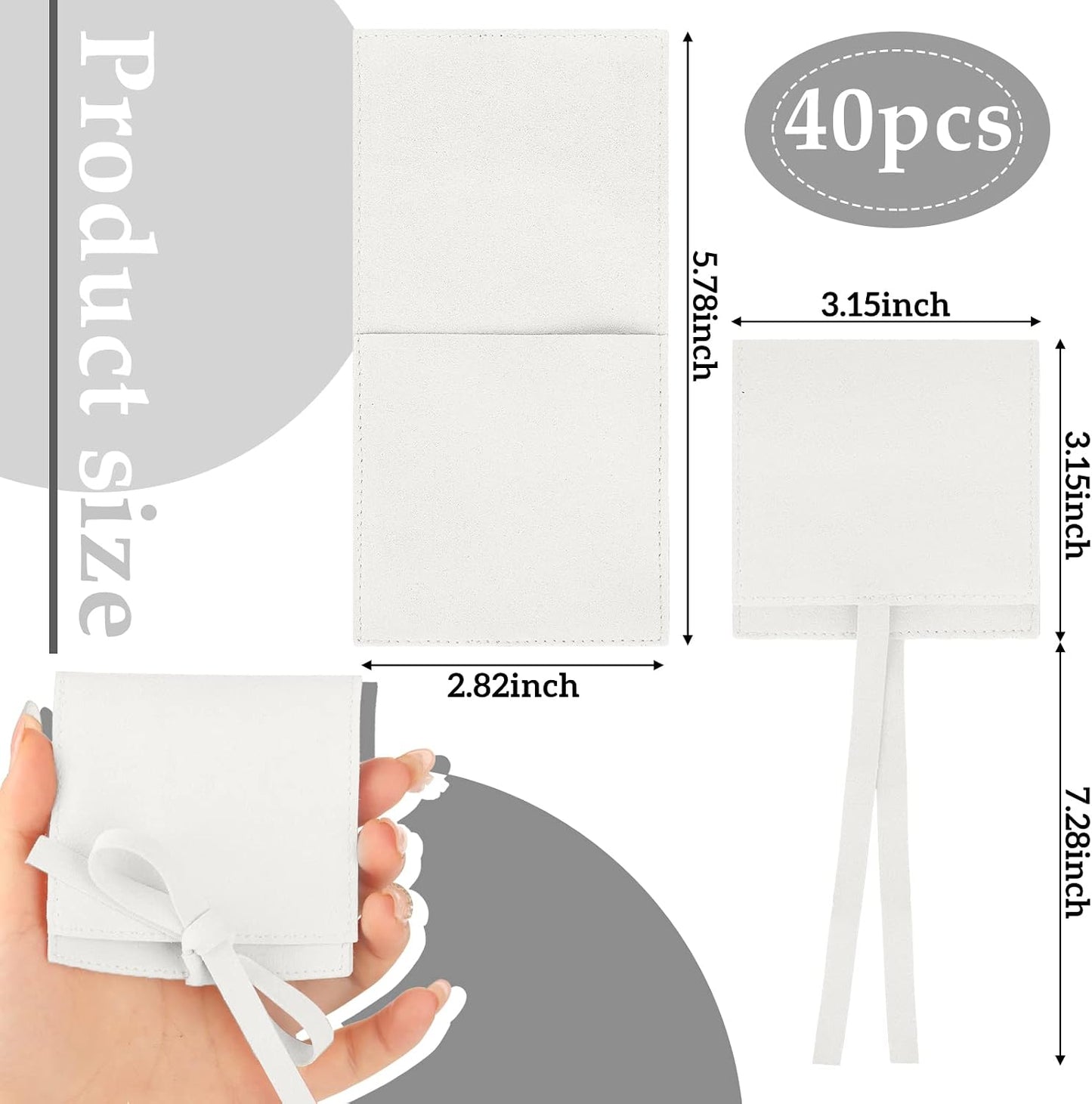 40 Bolsas Microfibra Joyería 8x8cm con Moño Blanco