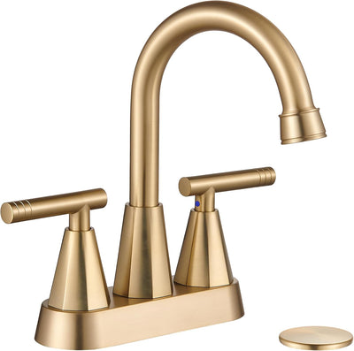 Grifo baño dorado cepillado 4pulg 2 manijas drenaje desplegable