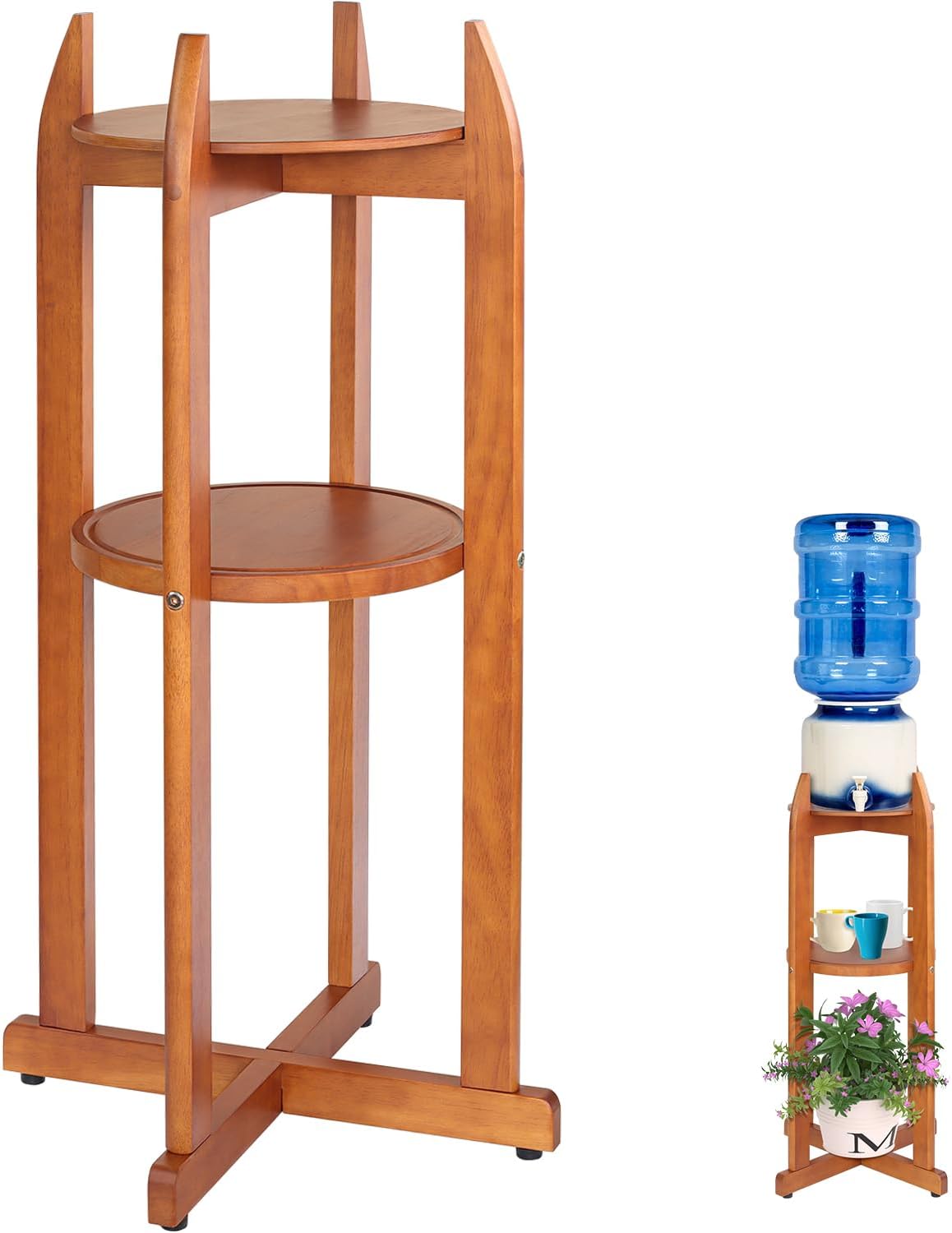 Soporte piso dispensador agua madera 5gal con repisas