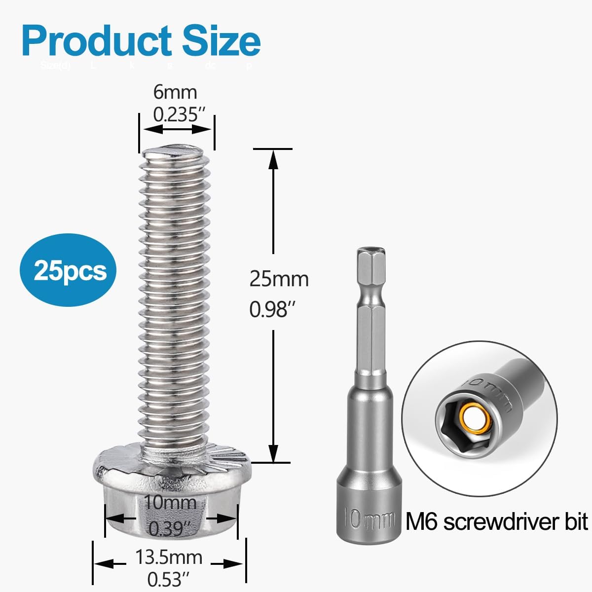 25 Uds Tornillos Hexagonales M6 Acero Inox 304