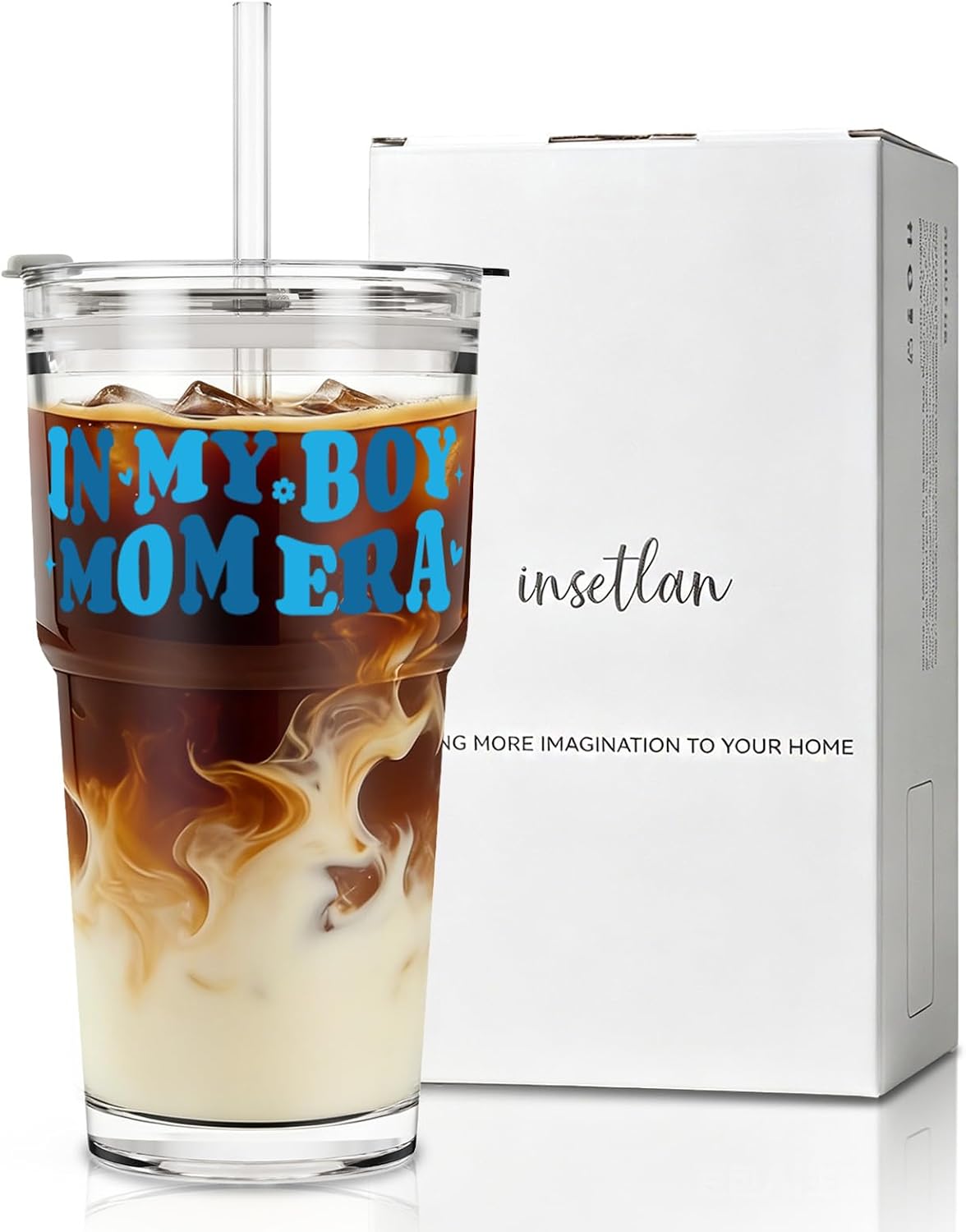 Vaso 20oz Vidrio con Tapón y Popote Regalo para Mamá