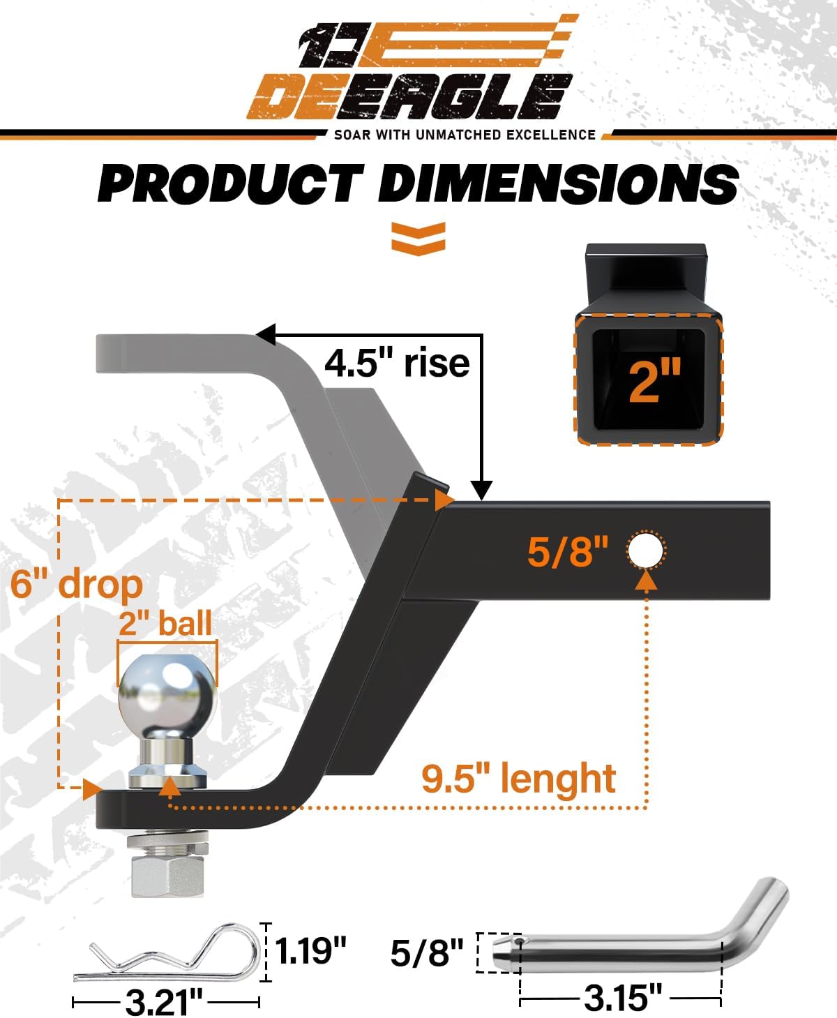 Enganche bola 2" pasador acero 7500lb caída 6"