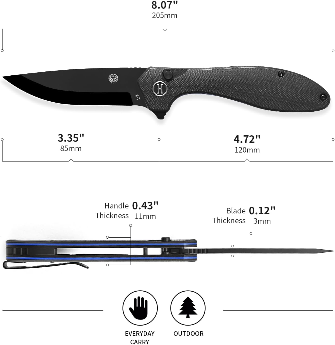 Cuchillo plegable EDC acero D2 mango G10 con estuche