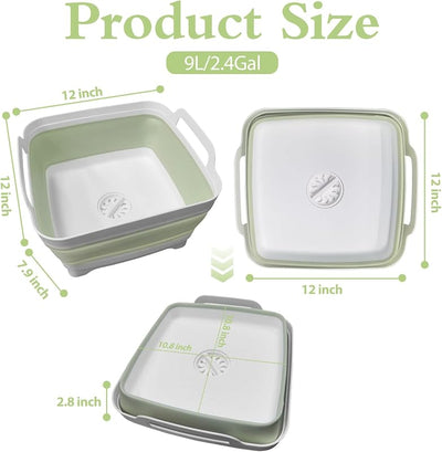 2 Sartenes Lavabo Plegable 9L con Tapón Asas Cubo Verde