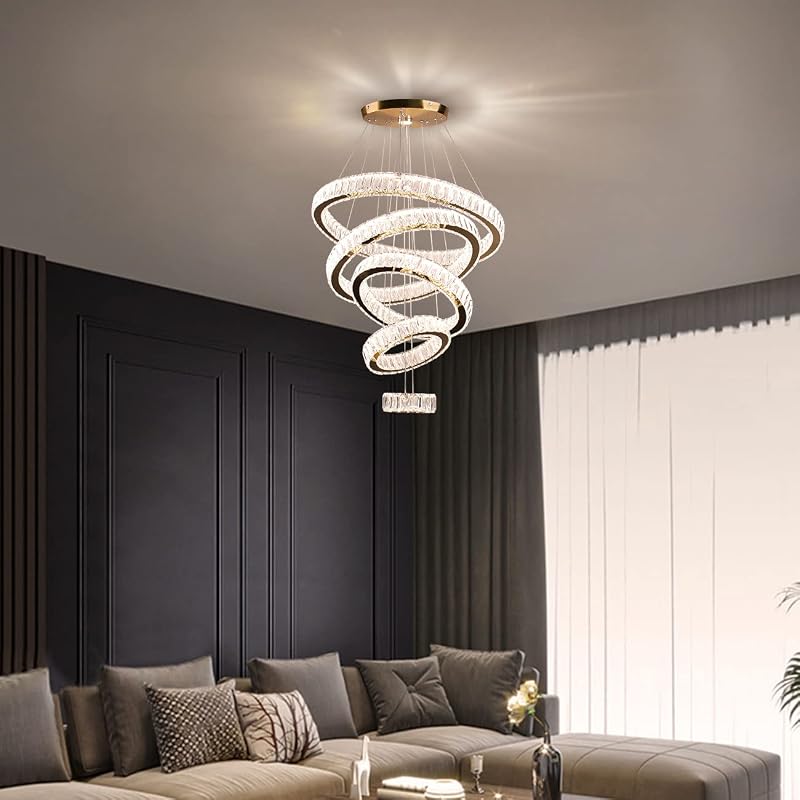 Lámpara colgante LED cristal 5 anillos ajustable