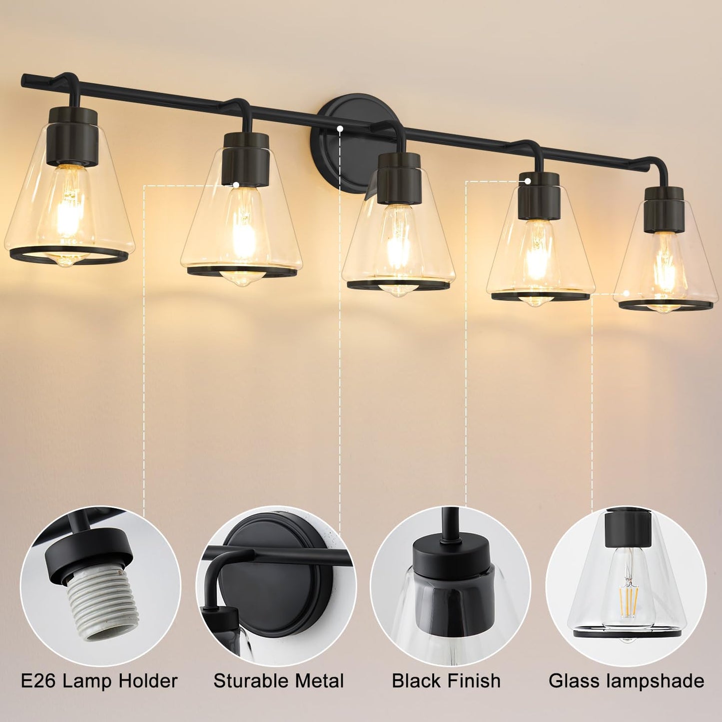 Lámpara baño 5 luces 38.5pulg vidrio luz negra