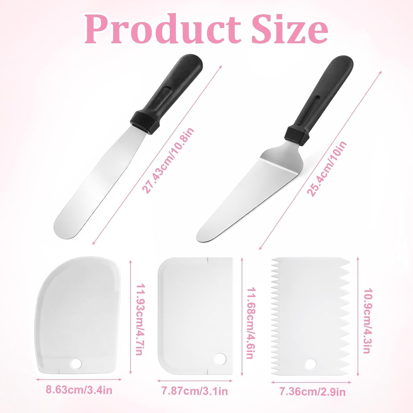 Juego de 5 piezas para hacer pasteles con espátula desplazada, servidor, nivelador y rebanador, color blanco
