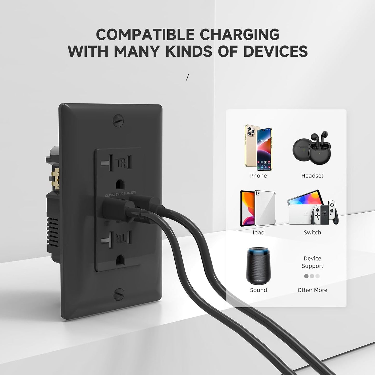 Toma corriente USB 6A 30W USB C 20A negro pack 10