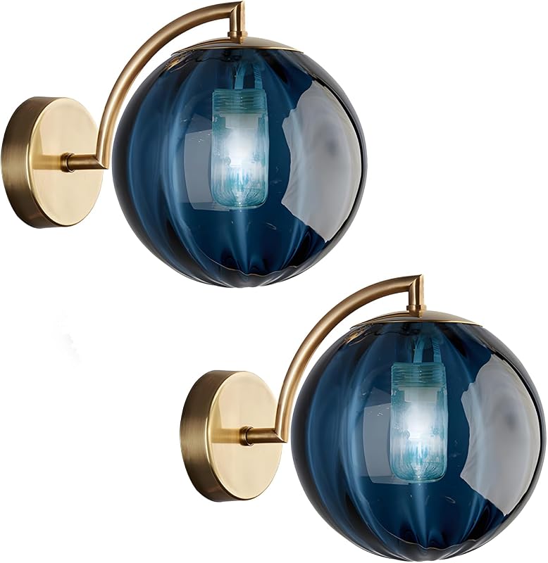 Aplique pared luz cristal azul globo dorado 2 pzas