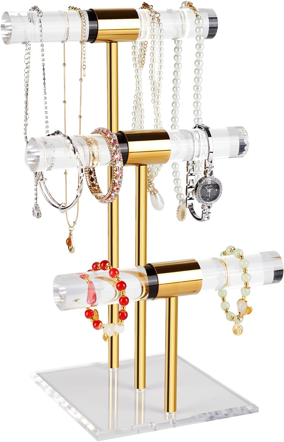 Soporte joyas acrílico dorado barra T cristal