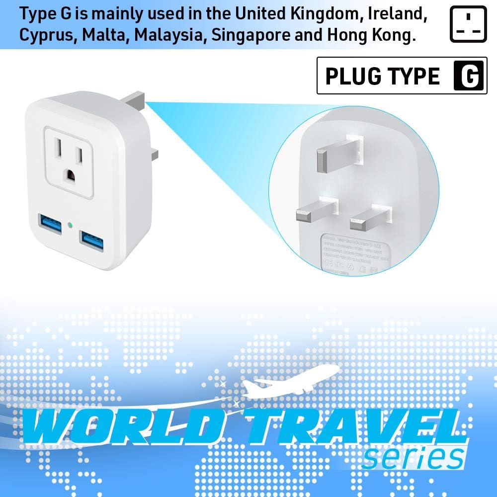 Adaptador enchufe tipo G EE.UU. a Reino Unido 2 puertos USB