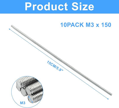 Pack 10 Varillas M3 x 5.906pulg Acero Inox 304 Derecha