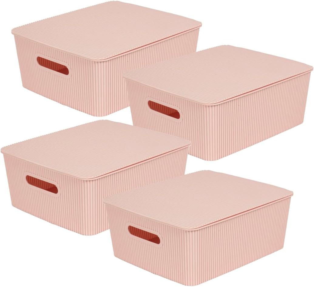 4 Cestas Plástico Apilables con Tapas Rosa 3.1gal
