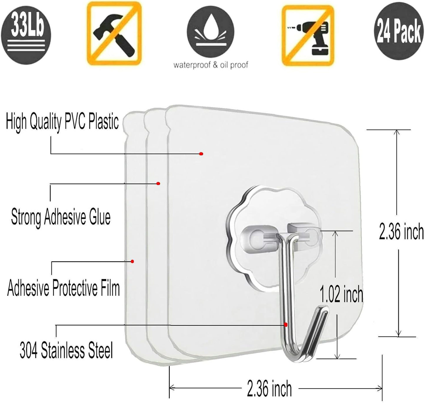 12 Ganchos Autoadhesivos 33lb Transparentes