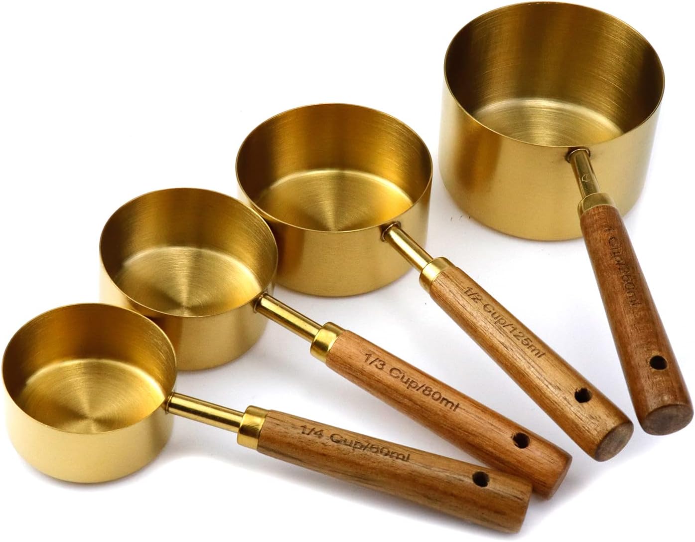 4 Tazas Medidoras Acero Inox Mango Madera Dorado