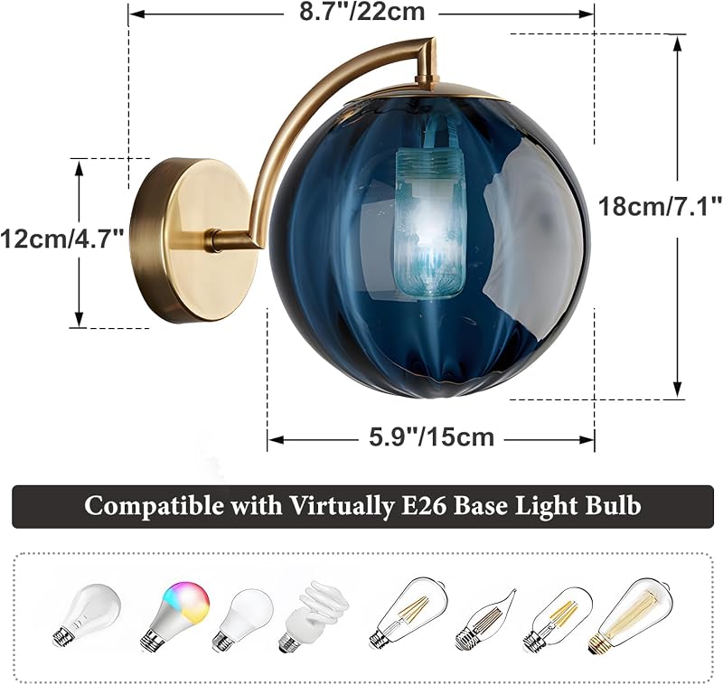 Aplique pared luz cristal azul globo dorado 2 pzas