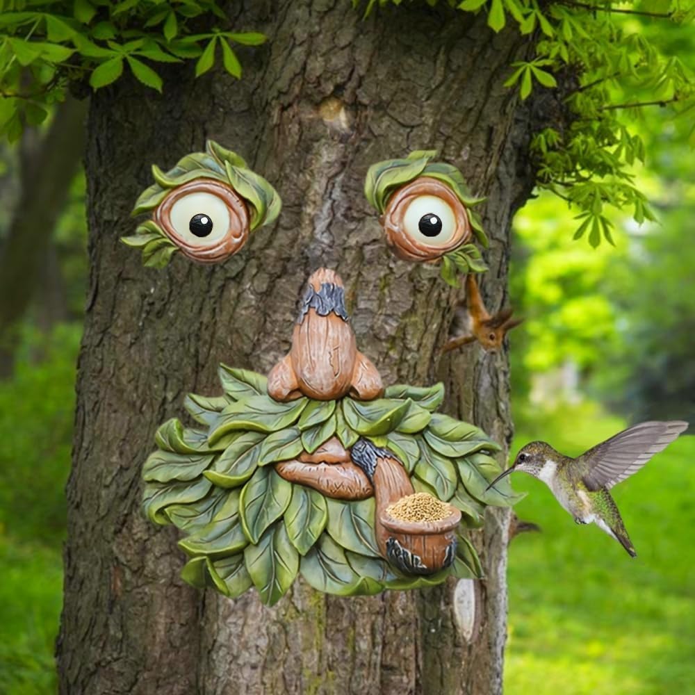 Alimentador pájaros cara árbol 30cm con ojos brillantes